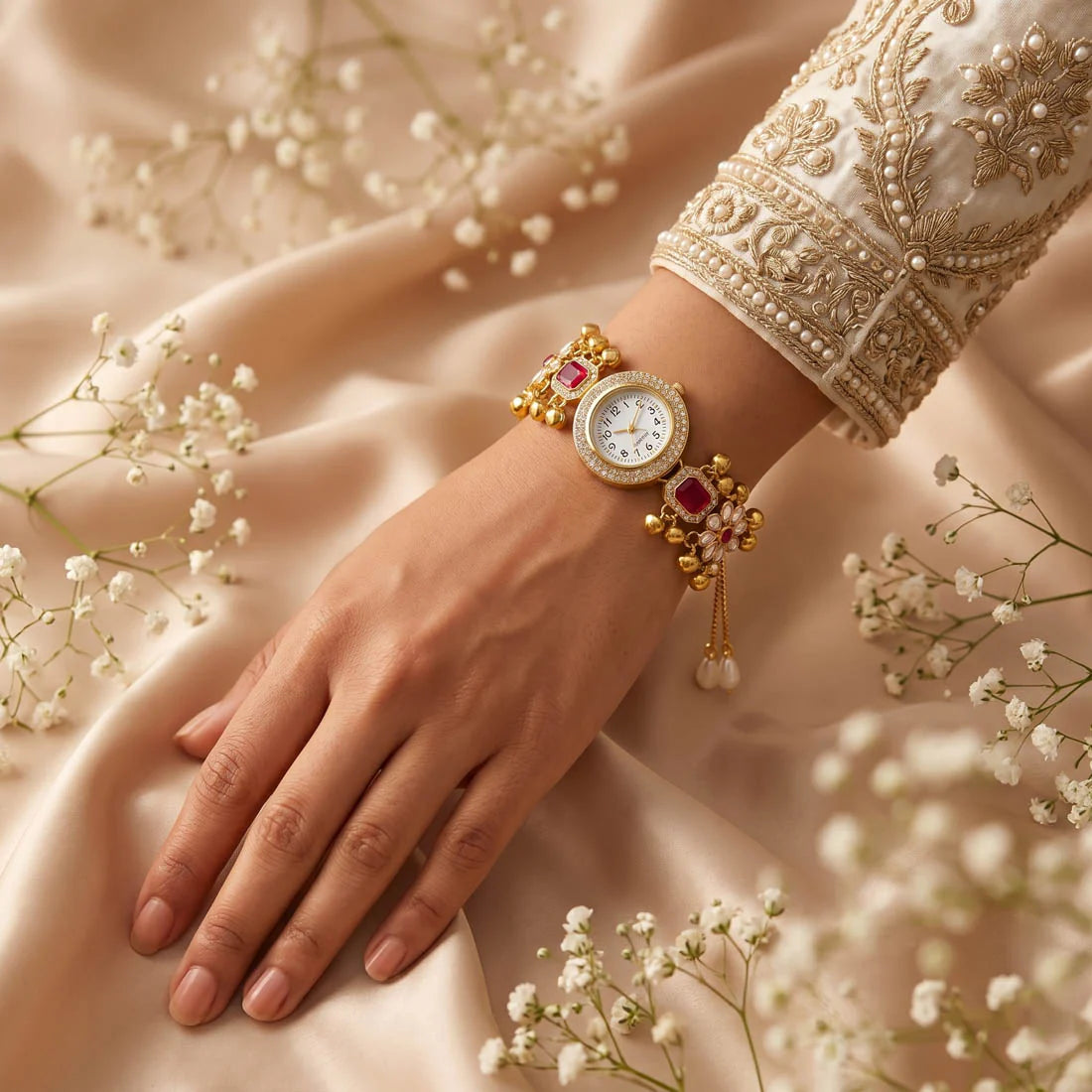 Gorgeous Rani Color Kundan Watch For Girls & Women Festive Jewelry Collection