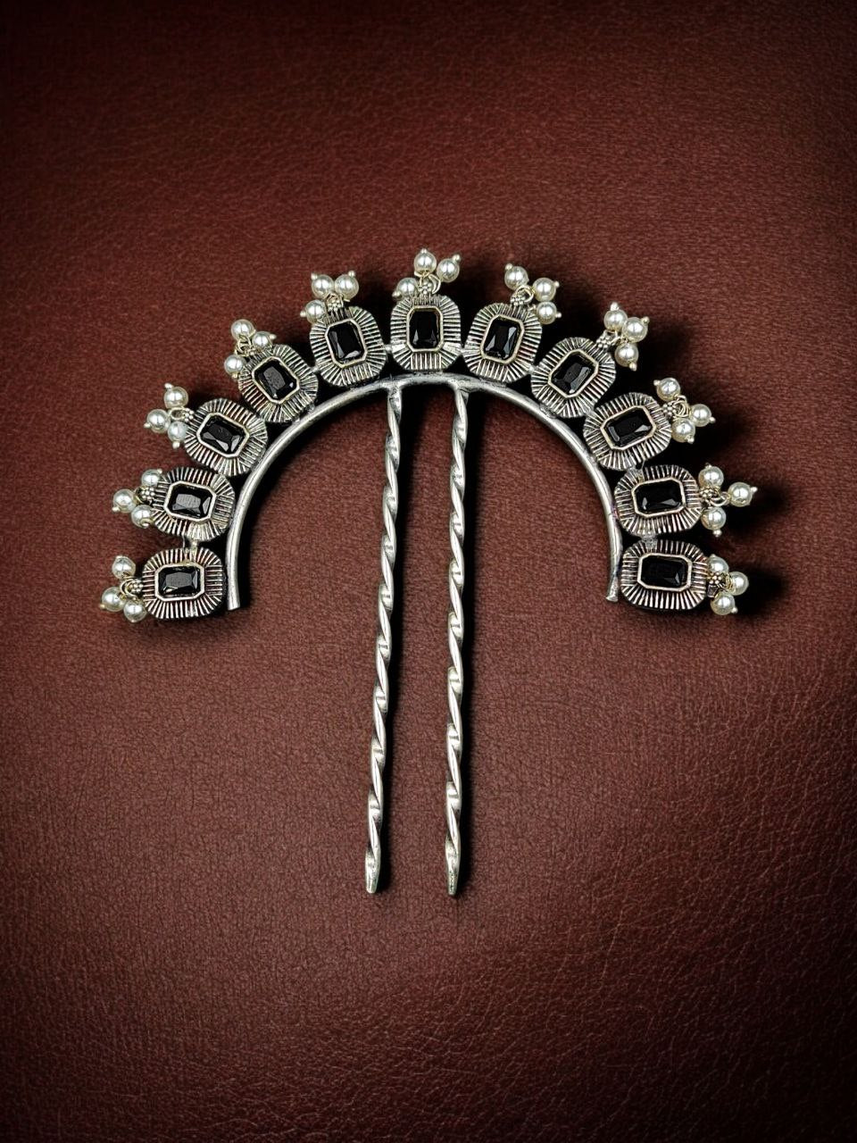 Traditional Silver Plated Square Shape Juda Pin | Pearl & Stone Work Best Hair Accessory