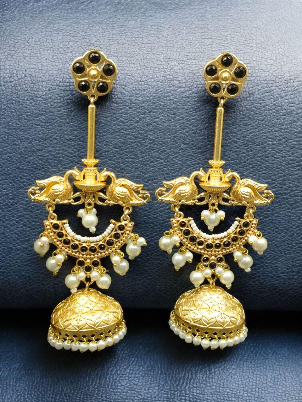 Luxury Kashmiri Jhumka Earrings | Gold Plated Stone & Pearl Work Dangler Traditional Jewelry