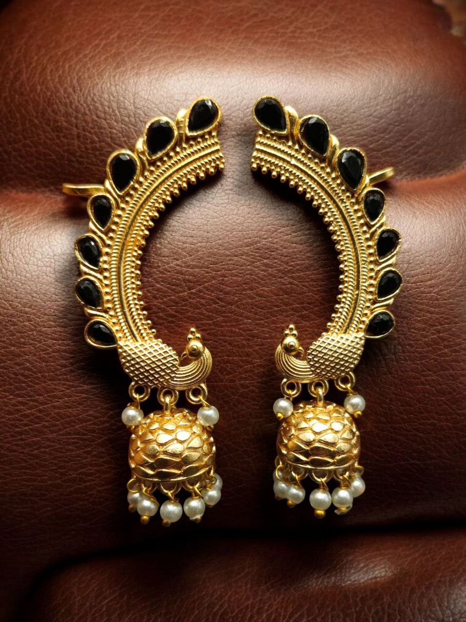 Traditional Gold Plated Beautiful Peacock Jhumki Earcuff | Stone & Pearl Detailing Ethnic Jewelry679