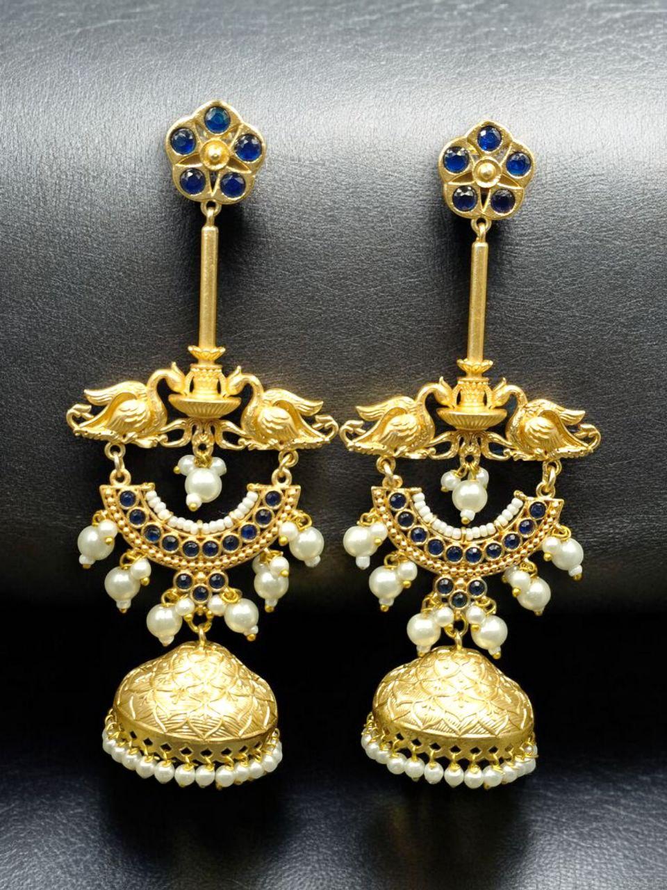 Luxury Kashmiri Jhumka Earrings | Gold Plated Stone & Pearl Work Dangler Traditional Jewelry