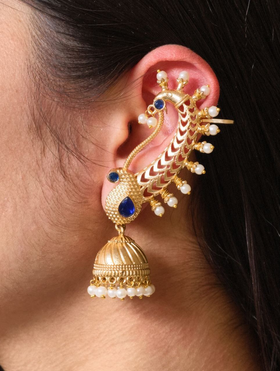 Beautiful Design Gold Plated Jhumki Earcuff | Elegant Stone & Pearl Detailing Jewelry For Girls