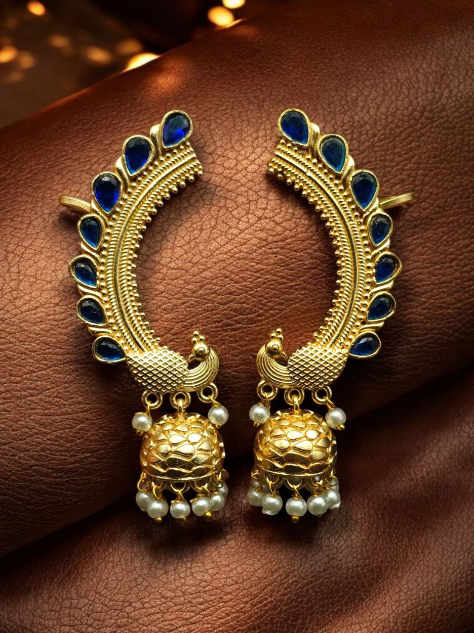 Traditional Gold Plated Beautiful Peacock Jhumki Earcuff | Stone & Pearl Detailing Ethnic Jewelry679