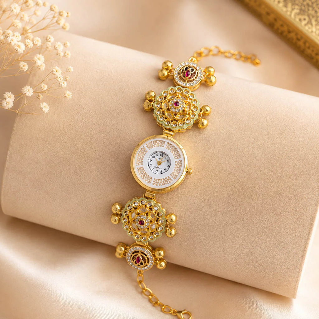 Exclusive Pista Green & Rani Color Kundan Watch For Girls & Women