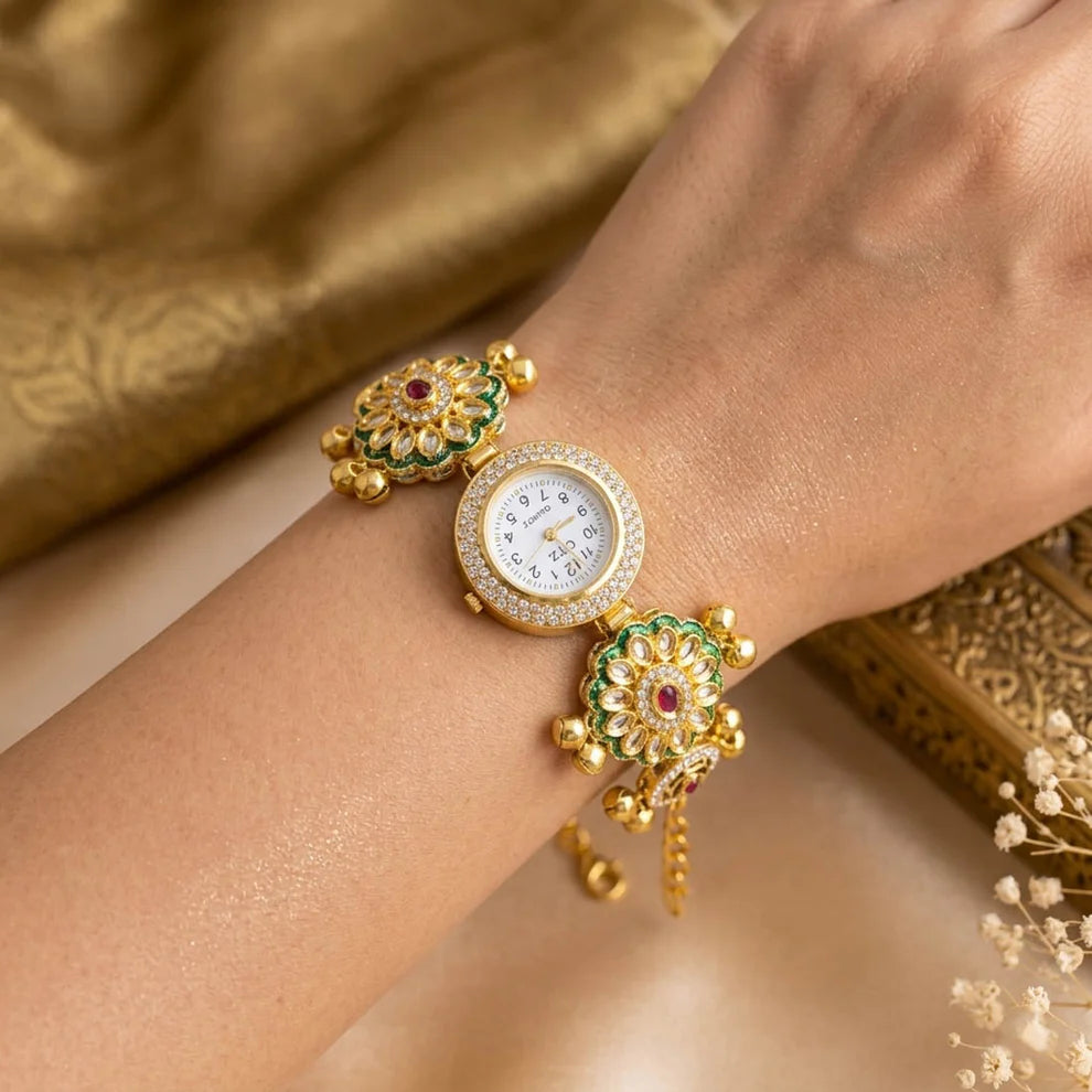 Beautiful Rani & Green Color Kundan Watch For Girls & Women Festive Design