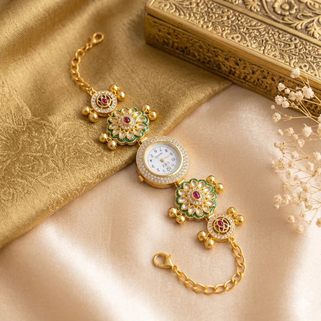 Beautiful Rani & Green Color Kundan Watch For Girls & Women Festive Design