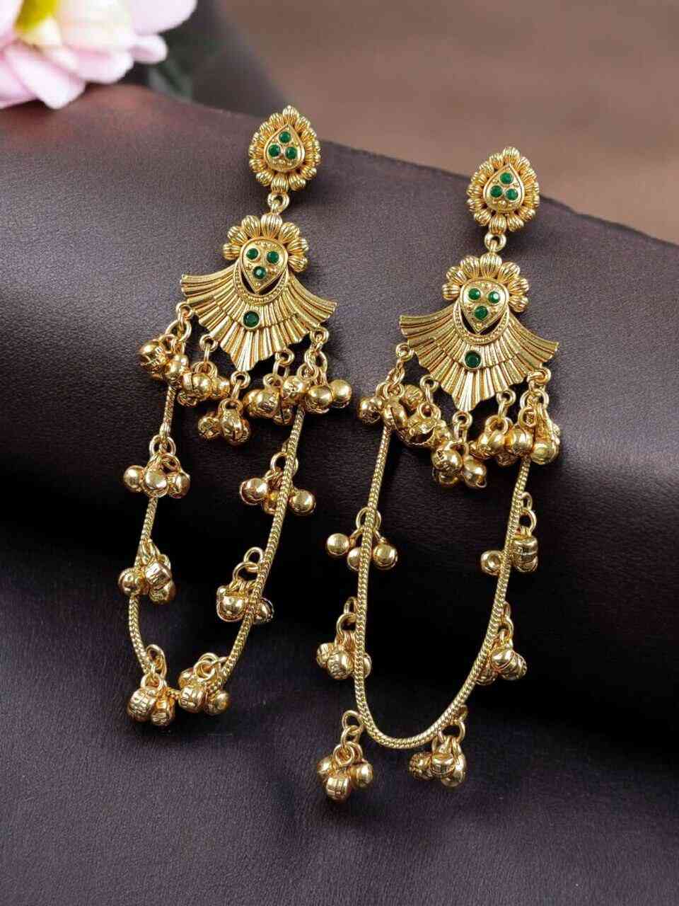 Golden Kashmiri Jhumka Earrings – Traditional Attractive Dangle Jewelry Green