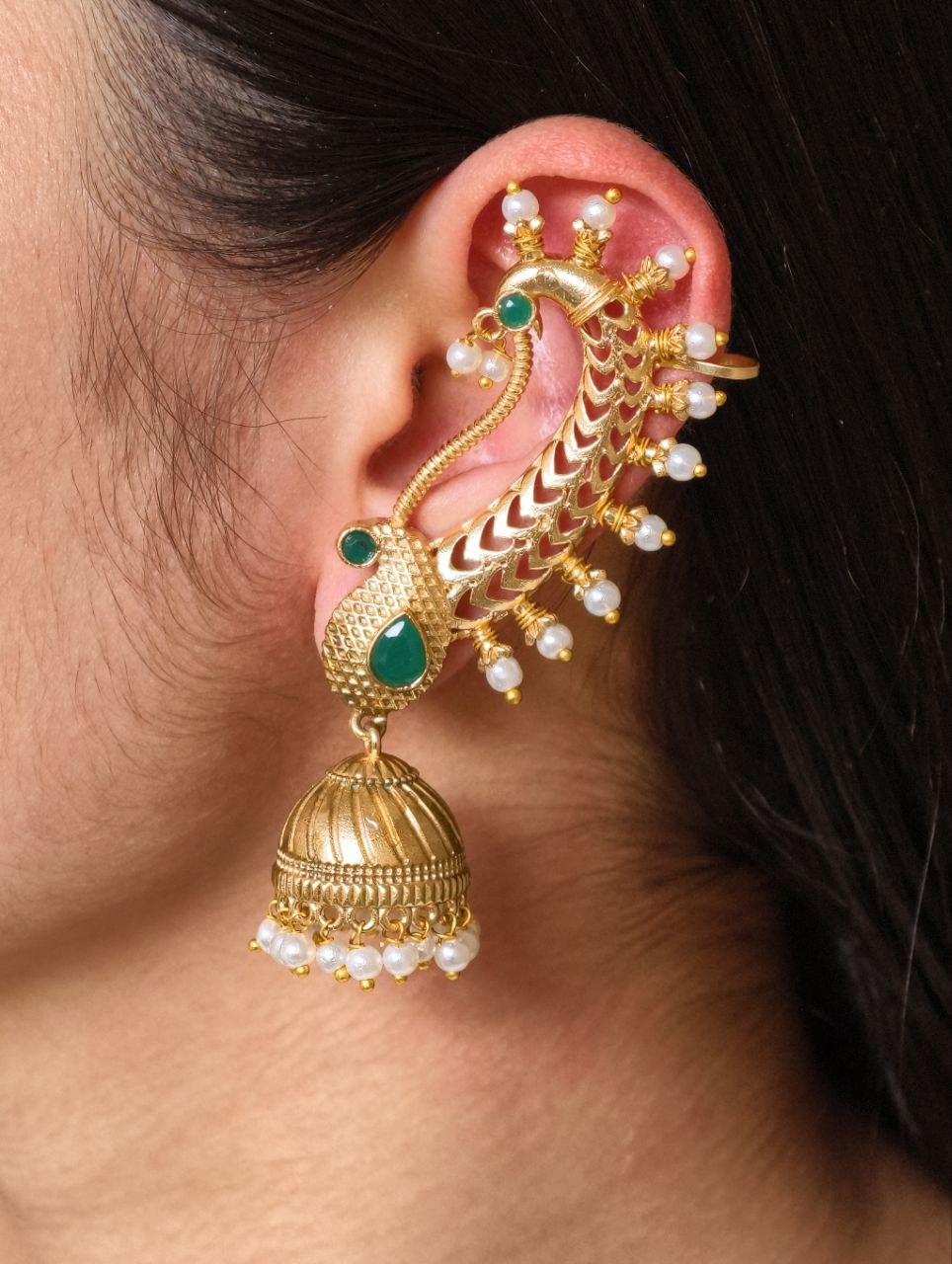 Beautiful Design Gold Plated Jhumki Earcuff | Elegant Stone & Pearl Detailing Jewelry For Girls