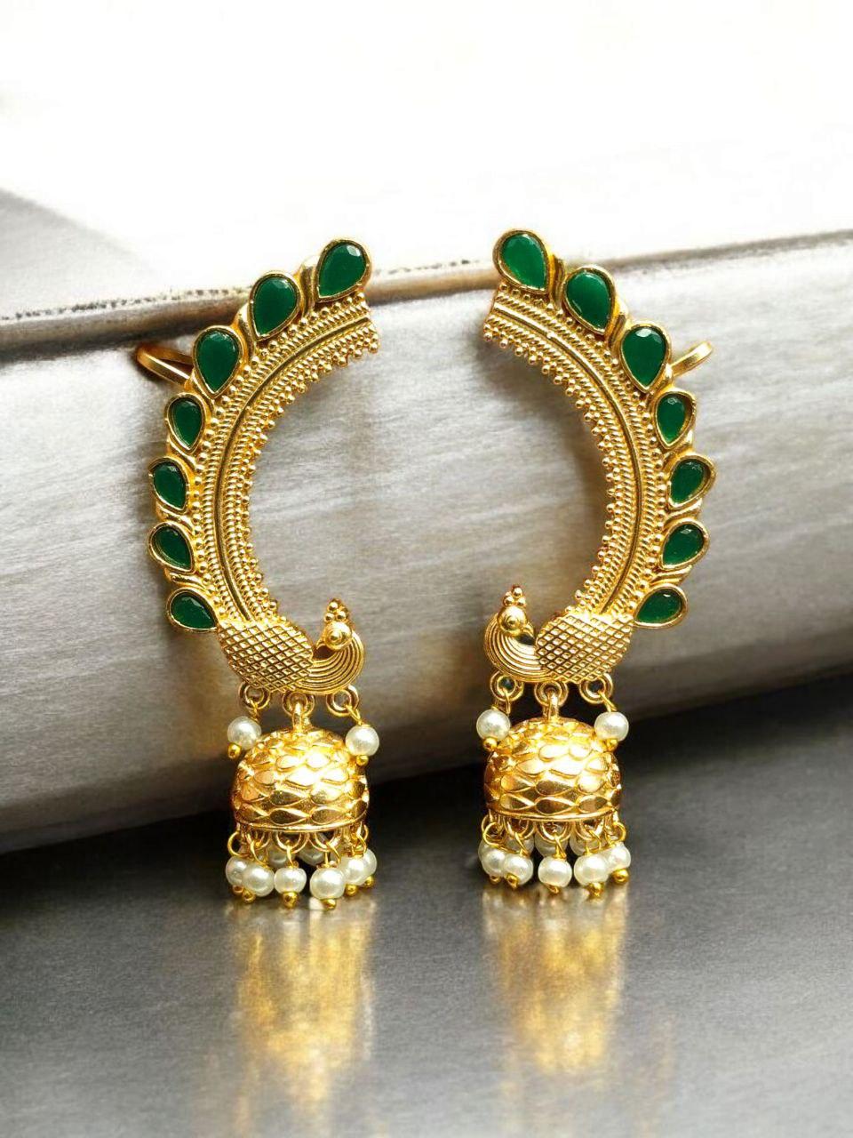 Traditional Gold Plated Beautiful Peacock Jhumki Earcuff | Stone & Pearl Detailing Ethnic Jewelry679