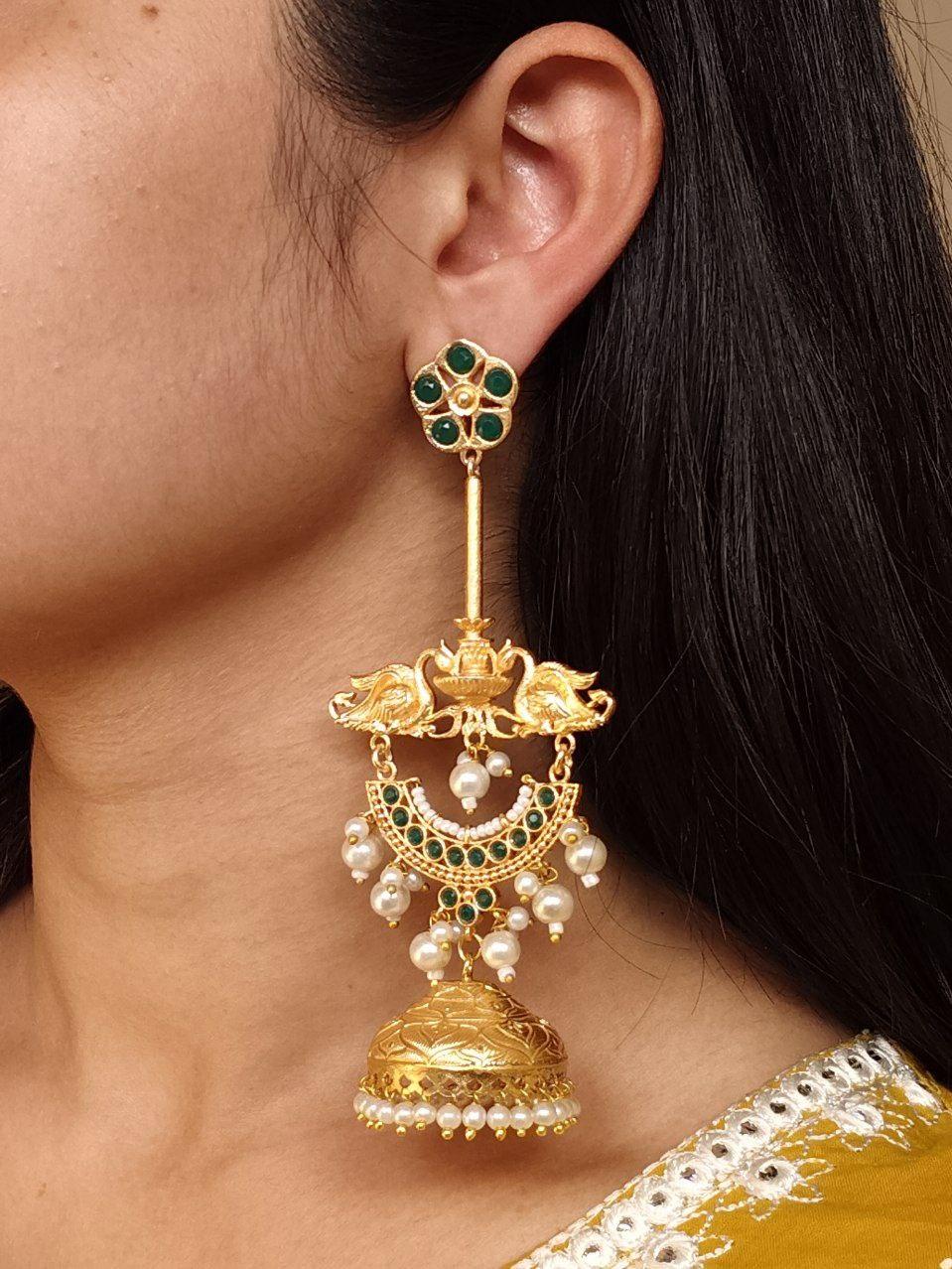 Luxury Kashmiri Jhumka Earrings | Gold Plated Stone & Pearl Work Dangler Traditional Jewelry