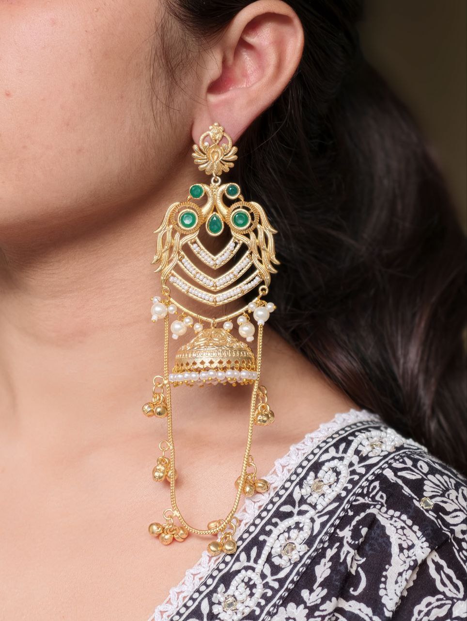 Premium Peacock Design Kashmiri Jhumka Earrings | Gold Plated Traditional Wear Beautiful Dangler Jewelry- Black