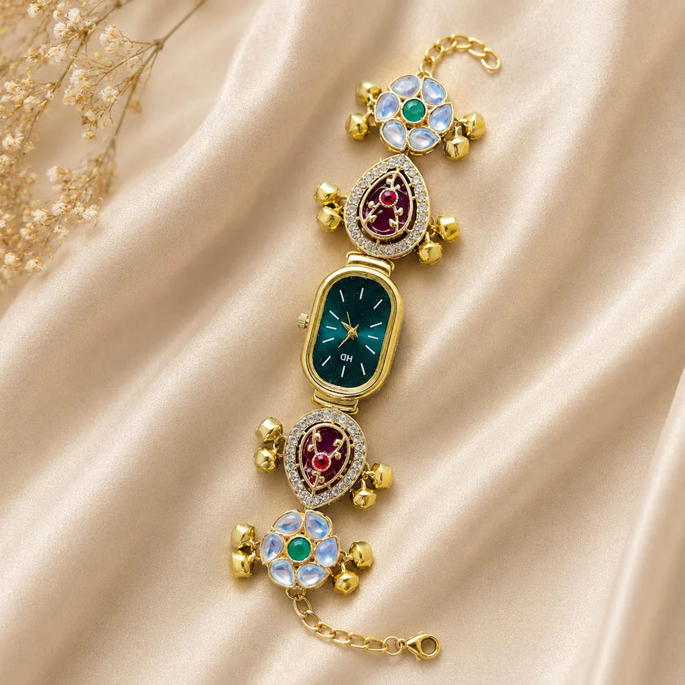 Stylish Rani & Green Color Kundan Watch For Girls & Women Traditional Look