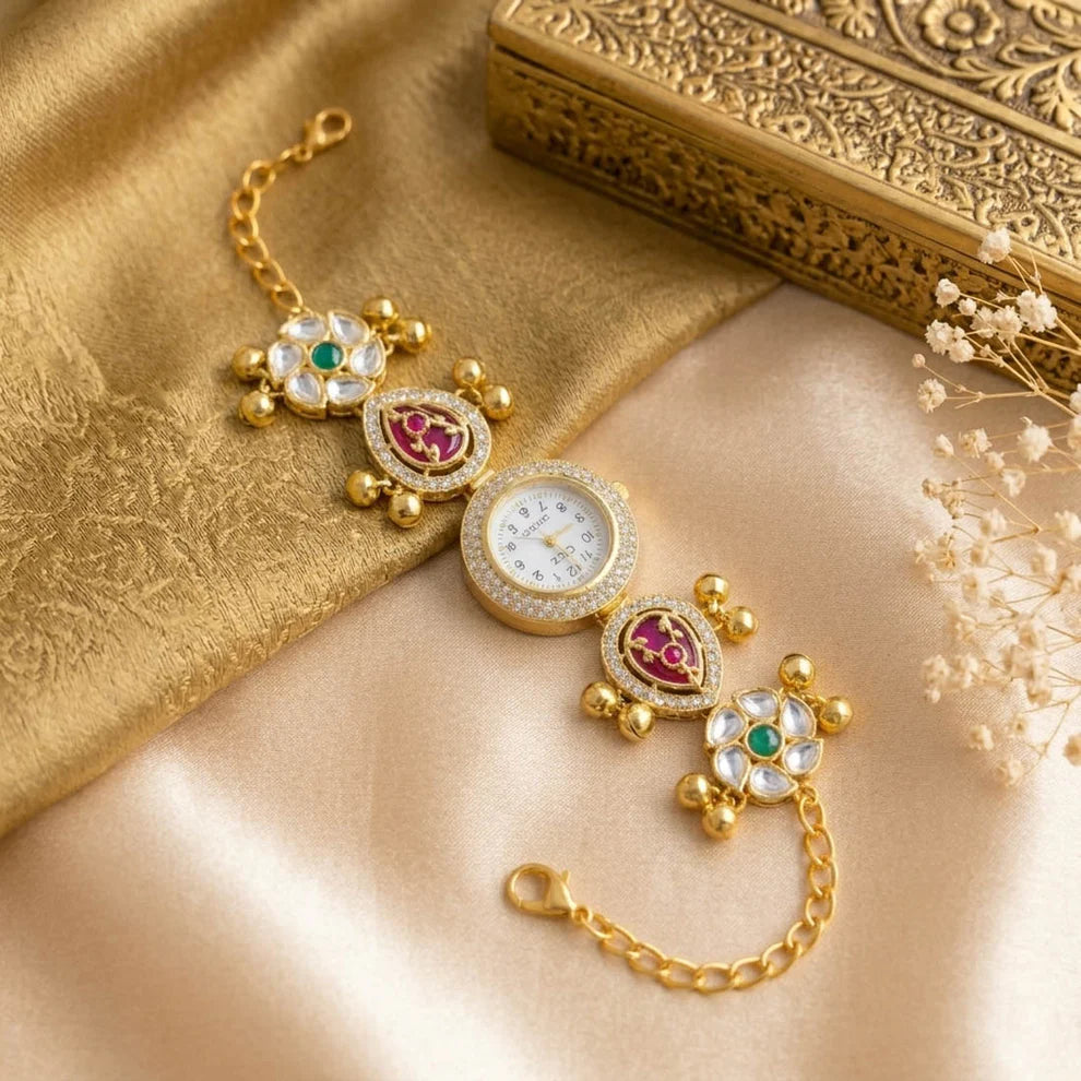 Royal Rani & Green Color Kundan Watch For Girls & Women Festive Collection