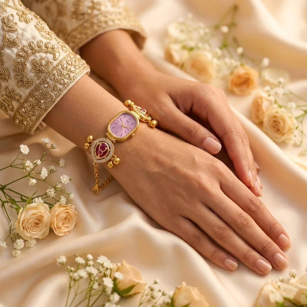 Traditional Rani & Green Color Kundan Watch For Girls & Women Daily Wear