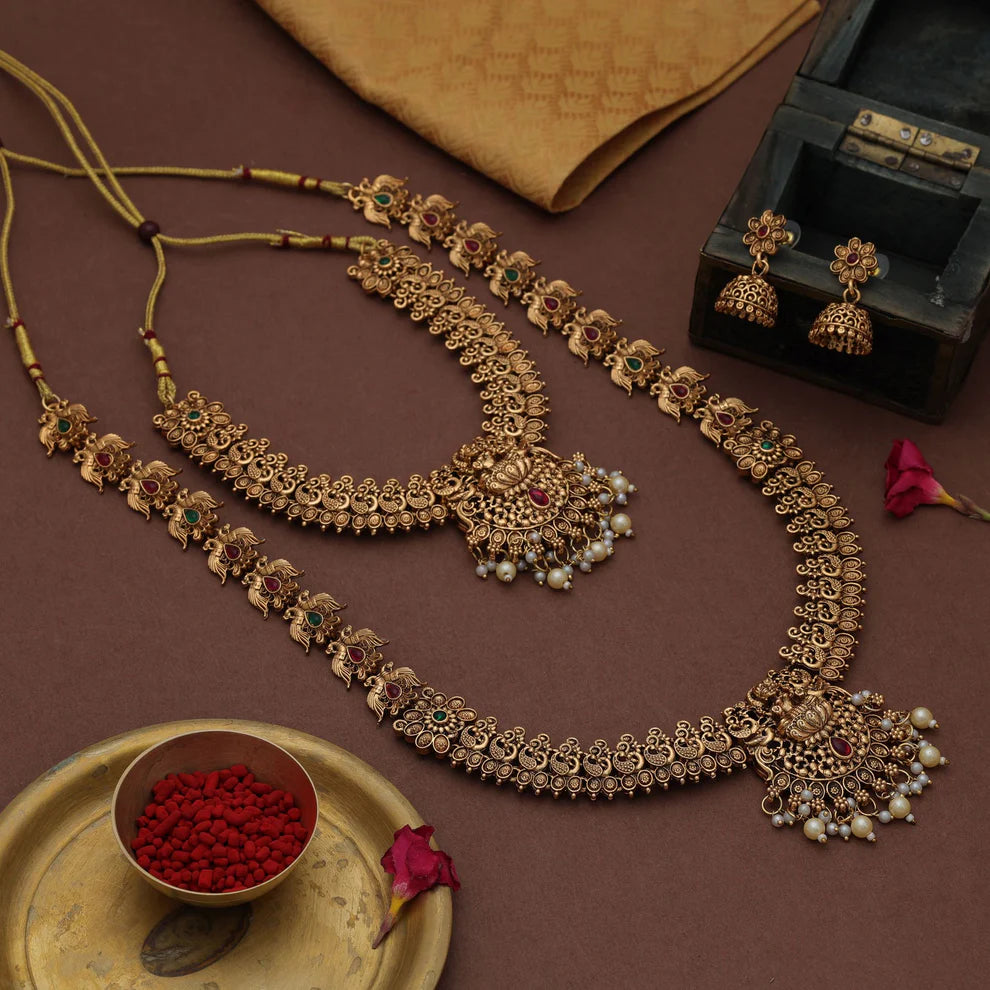 Royal Maroon & Green Color Lord Laxmi Long Temple Necklace Set Collection