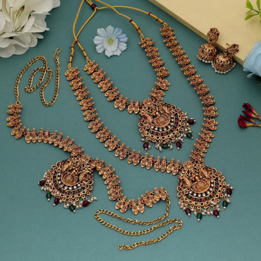 Stylish Maroon & Green Color Lord Laxmi Long Temple Necklace Set Bridal Design