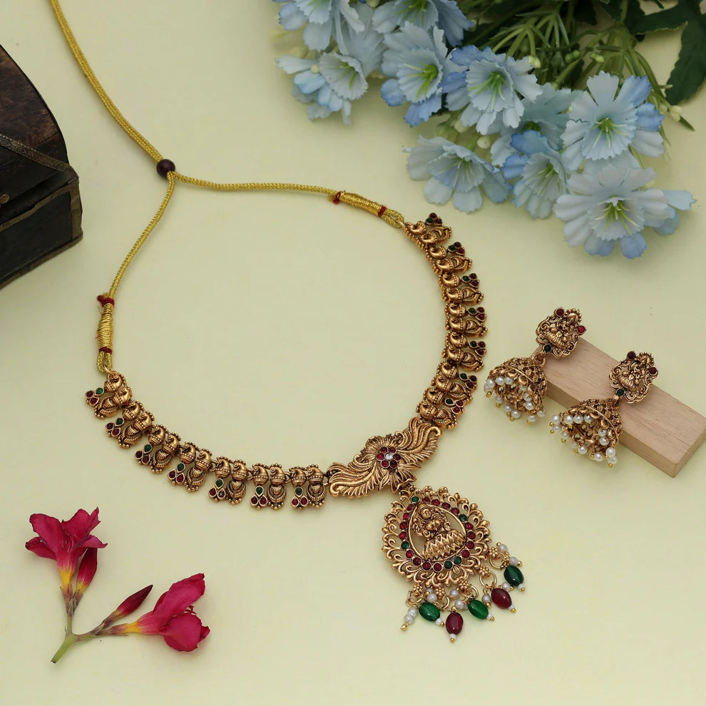 Premium Maroon & Green Color Lord Laxmi Temple Necklace Set For Festive Occasions
