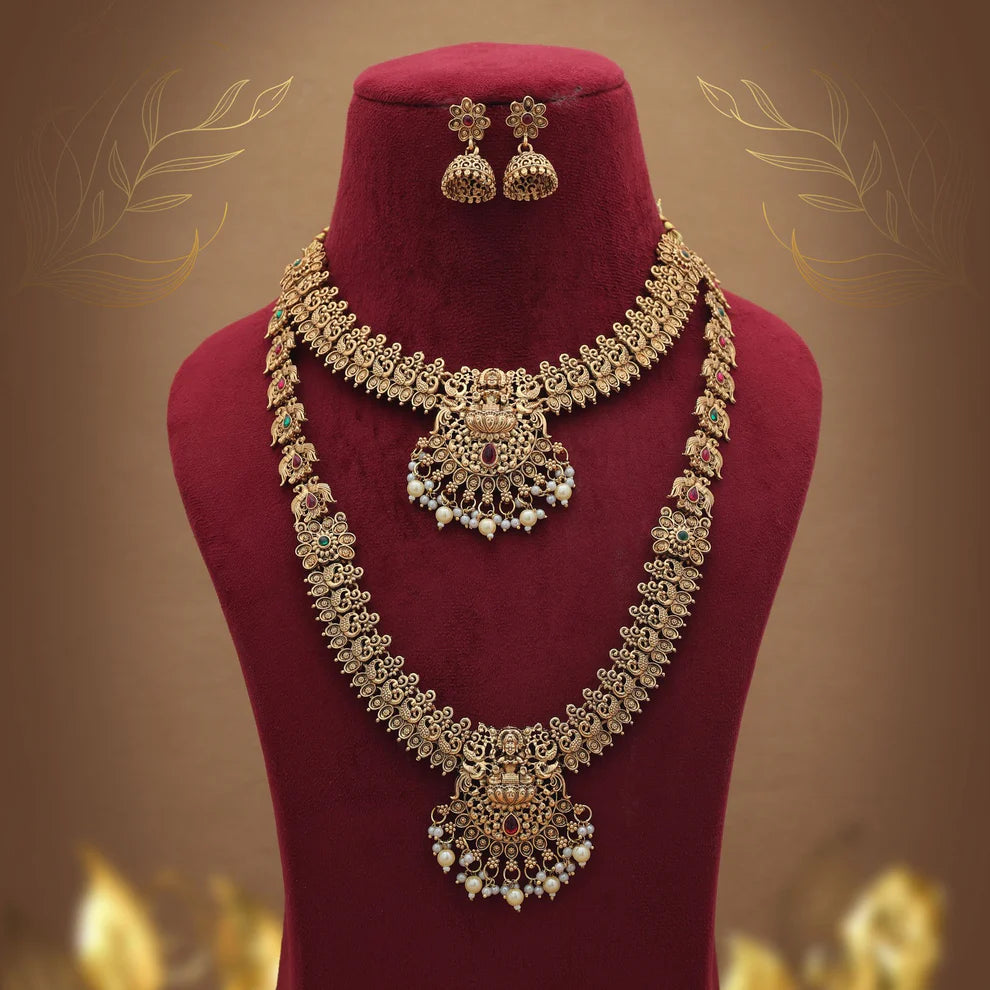 Royal Maroon & Green Color Lord Laxmi Long Temple Necklace Set Collection