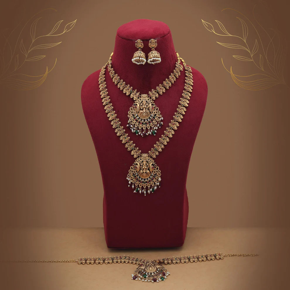Stylish Maroon & Green Color Lord Laxmi Long Temple Necklace Set Bridal Design