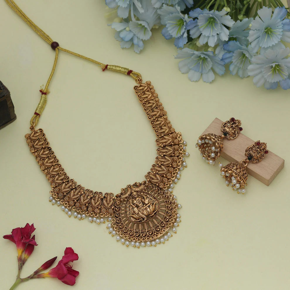 Classic Gold Color Lord Laxmi Temple Necklace Set With Royal Antique Finish