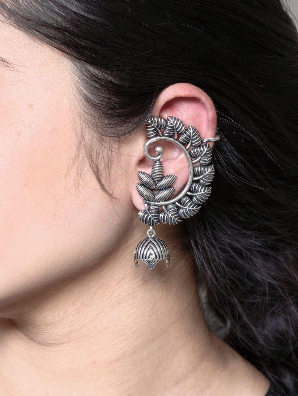 Premium Silver Plated Leaf Design Jhumka Earcuff | Perfect Jewelry Gift For He