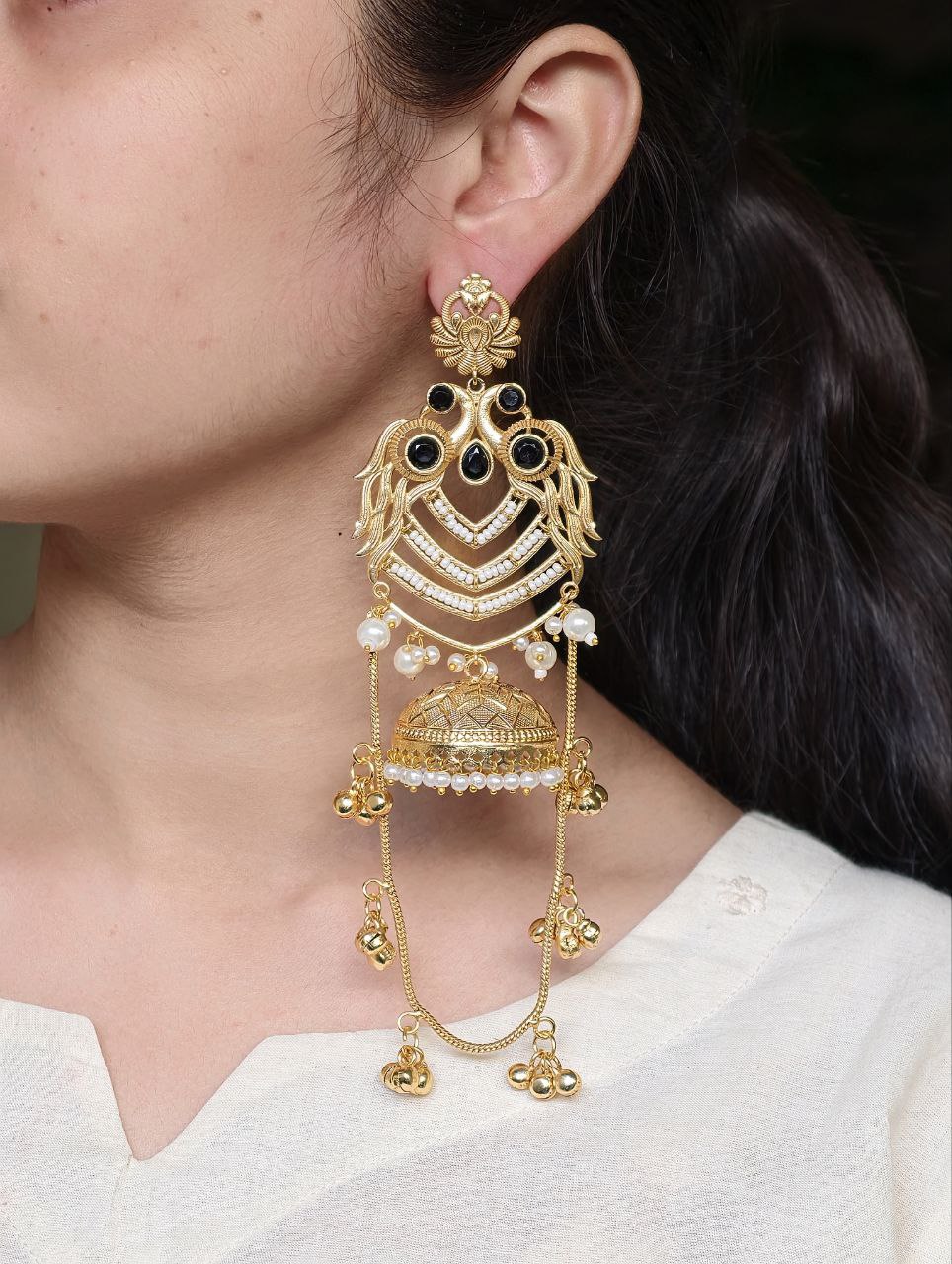 Premium Peacock Design Kashmiri Jhumka Earrings | Gold Plated Traditional Wear Beautiful Dangler Jewelry- Black