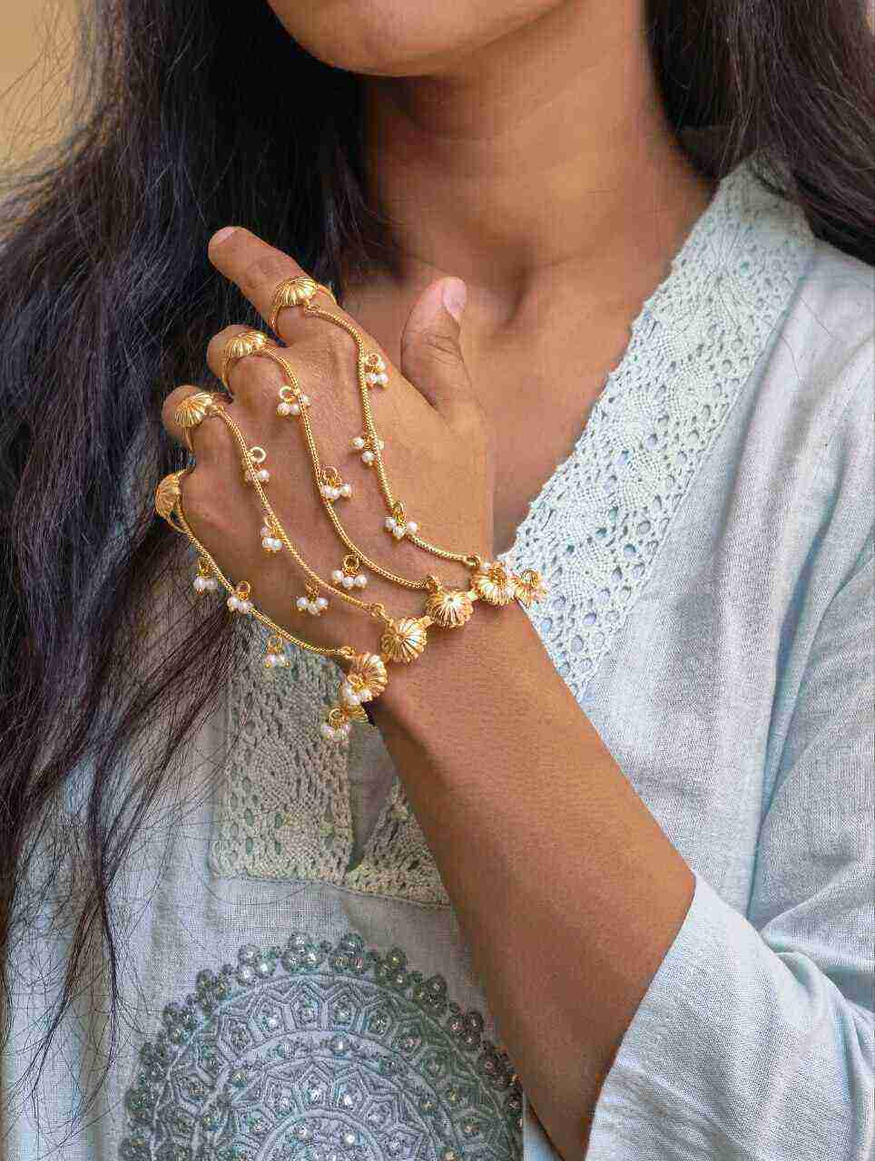 Elegant Gold Plated Flower Kashmiri Hathphool Stunning Traditional Hand Jewelry