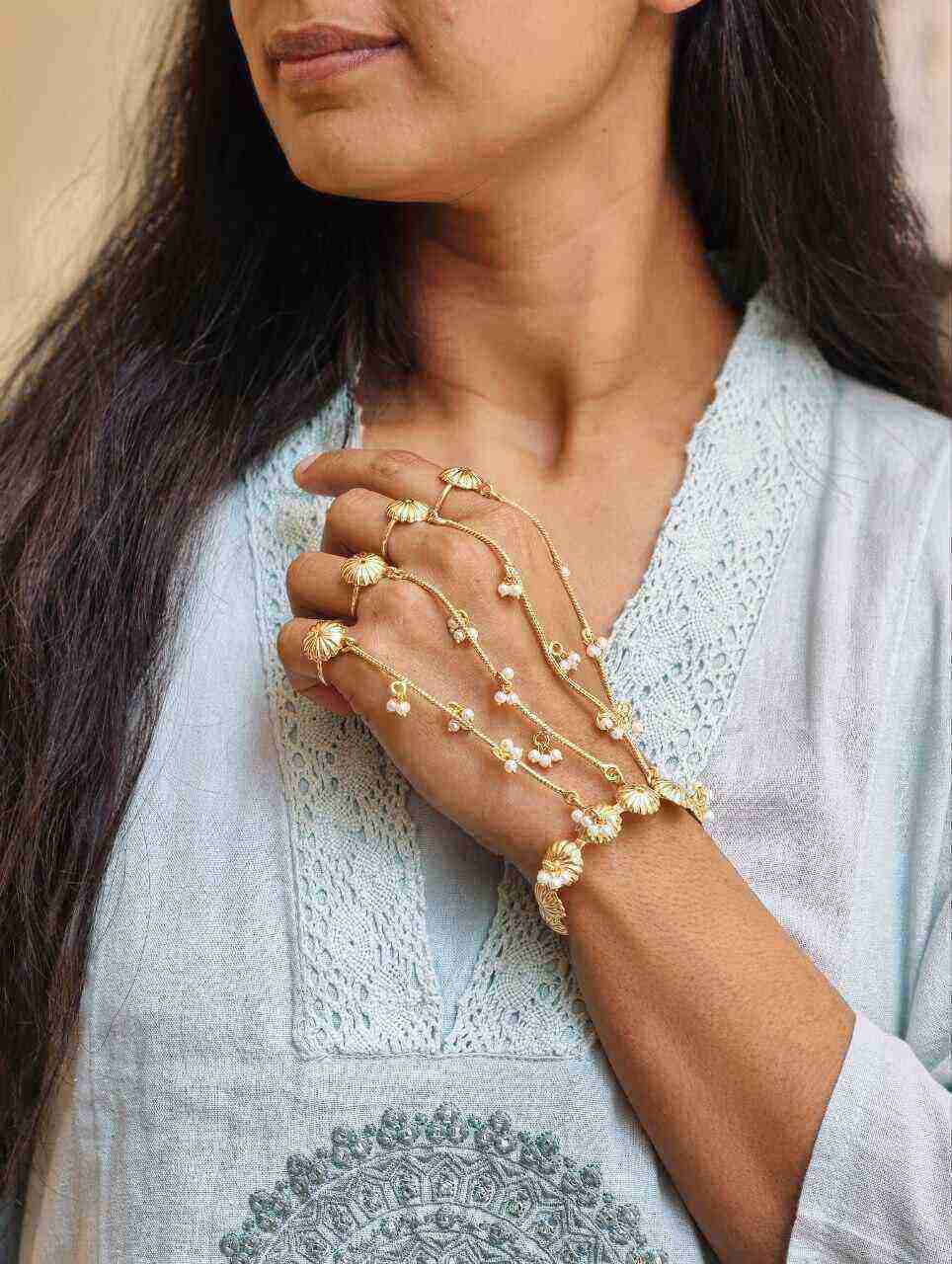Elegant Gold Plated Flower Kashmiri Hathphool Stunning Traditional Hand Jewelry