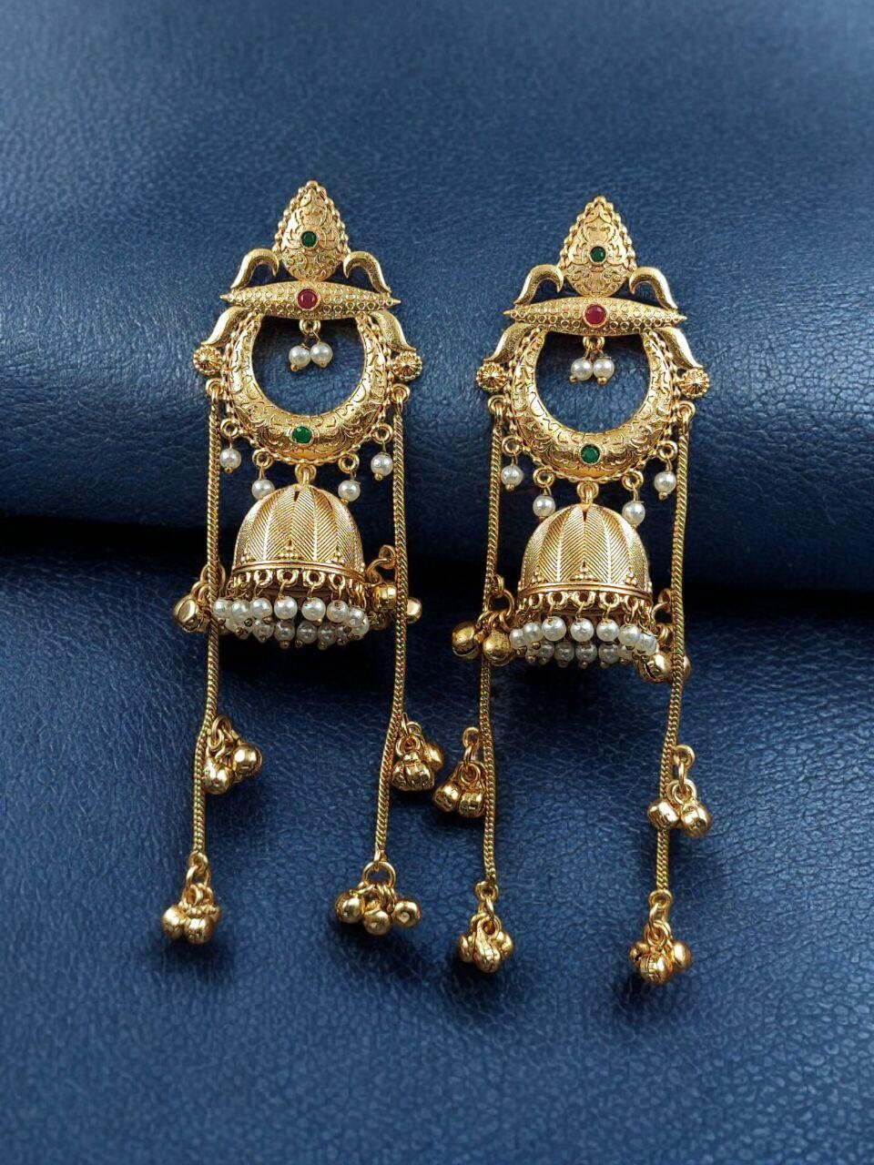 Beautiful Gold Plated Kashmiri Jhumka Earrings with Premium Stone Pearl Work- Red and Green