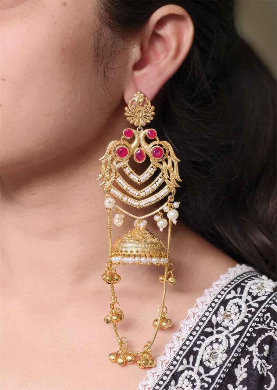 Premium Peacock Design Kashmiri Jhumka Earrings | Gold Plated Traditional Wear Beautiful Dangler Jewelry- Black