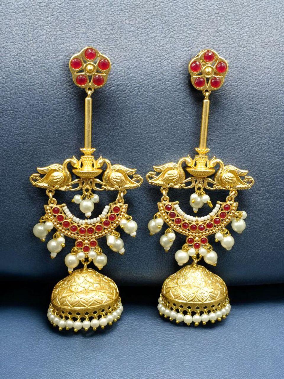 Luxury Kashmiri Jhumka Earrings | Gold Plated Stone & Pearl Work Dangler Traditional Jewelry