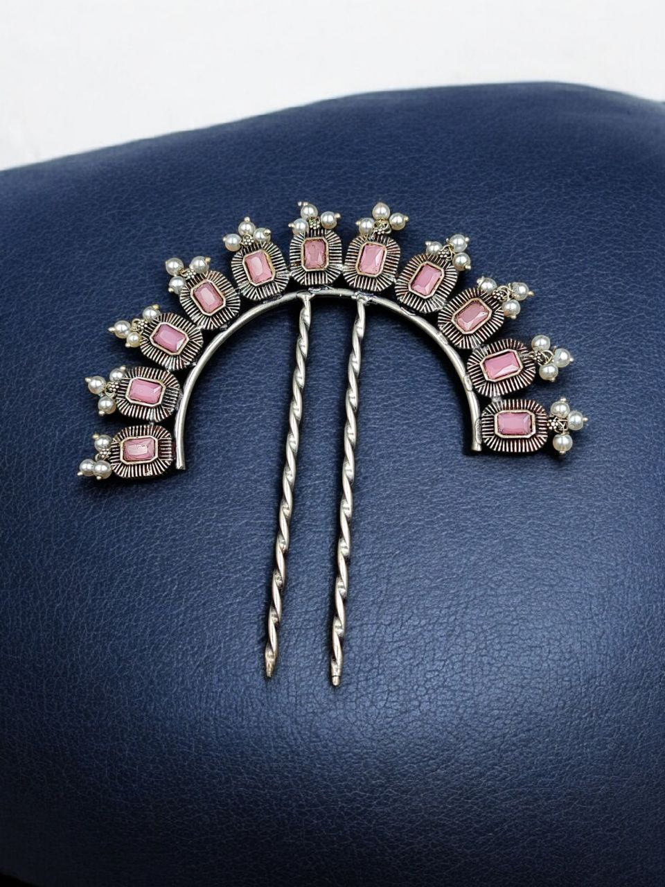 Traditional Silver Plated Square Shape Juda Pin | Pearl & Stone Work Best Hair Accessory