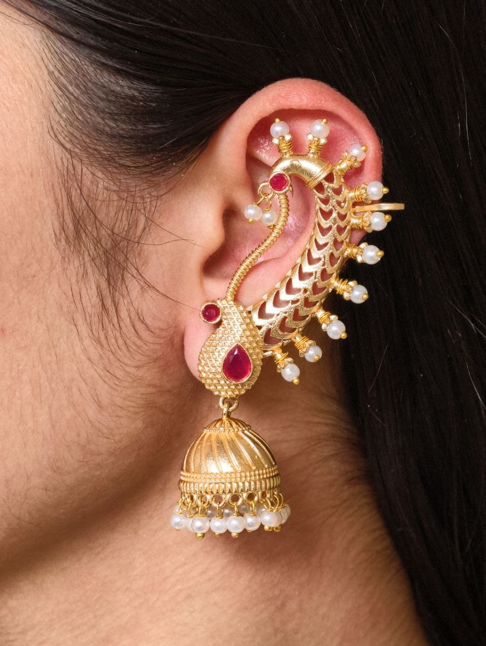 Beautiful Design Gold Plated Jhumki Earcuff | Elegant Stone & Pearl Detailing Jewelry For Girls