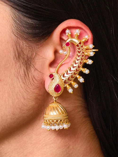Beautiful Design Gold Plated Jhumki Earcuff | Elegant Stone & Pearl Detailing Jewelry For Girls