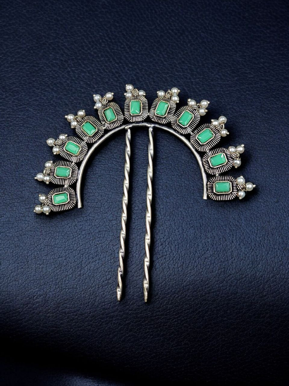 Traditional Silver Plated Square Shape Juda Pin | Pearl & Stone Work Best Hair Accessory