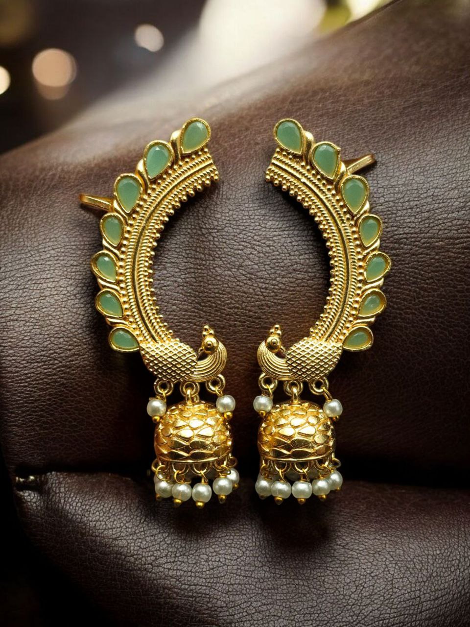 Traditional Gold Plated Beautiful Peacock Jhumki Earcuff | Stone & Pearl Detailing Ethnic Jewelry679
