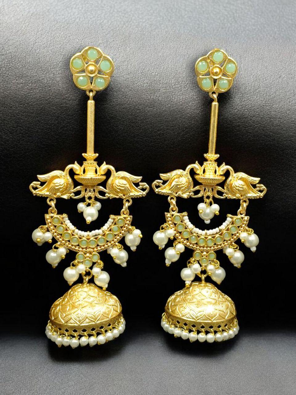 Luxury Kashmiri Jhumka Earrings | Gold Plated Stone & Pearl Work Dangler Traditional Jewelry