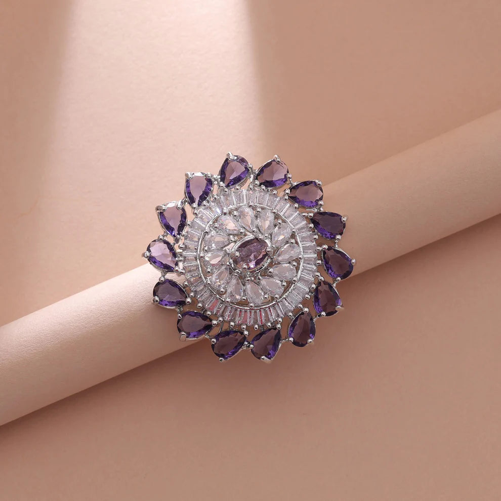 Purple Color American Diamond Ring with Stylish Designer Finish