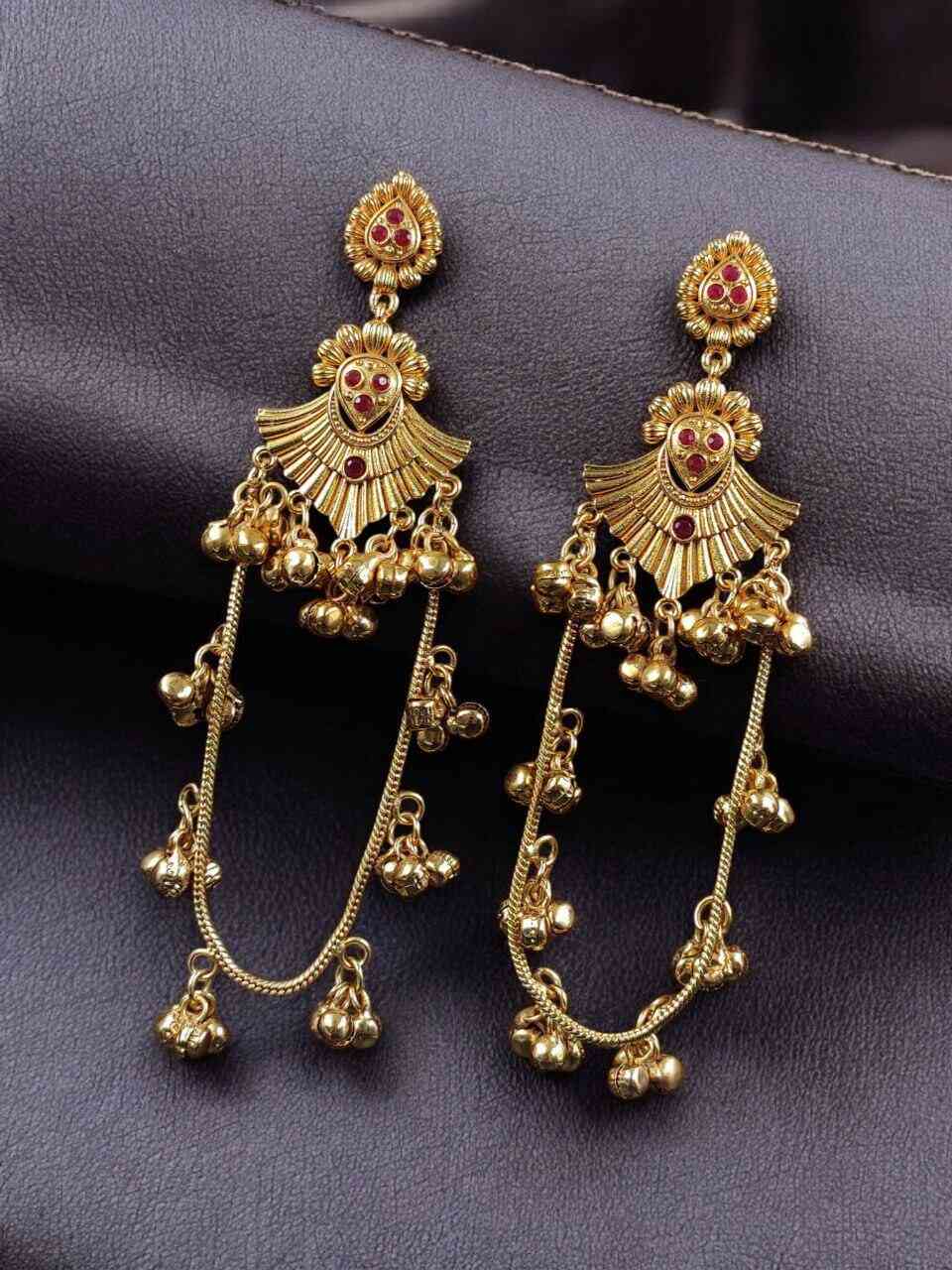 Golden Kashmiri Jhumka Earrings – Traditional Attractive Dangle Jewelry Red