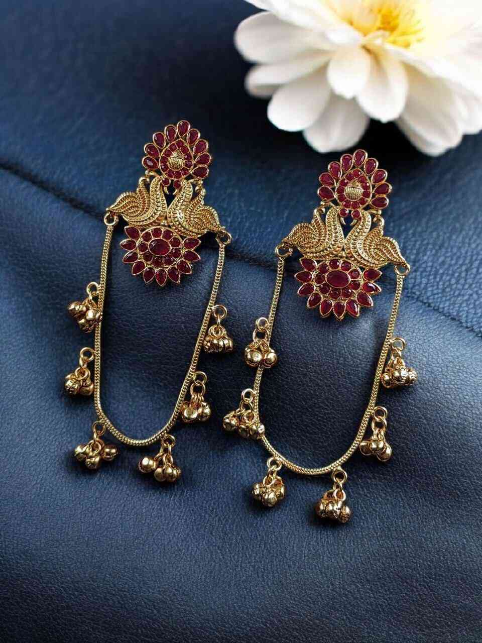Stunning Peacock Kashmiri Earrings with Royal Traditional Design- Red
