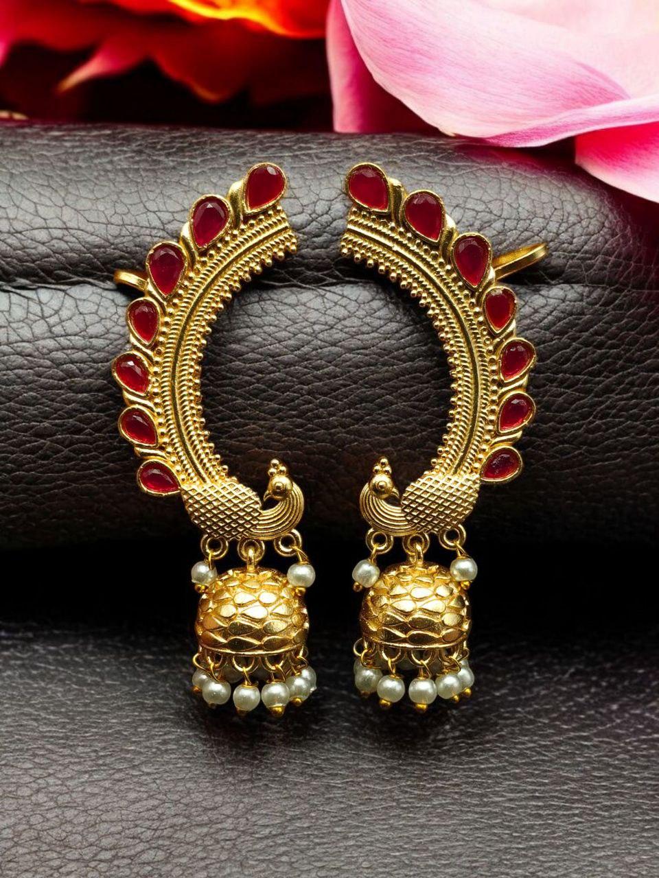 Traditional Gold Plated Beautiful Peacock Jhumki Earcuff | Stone & Pearl Detailing Ethnic Jewelry679