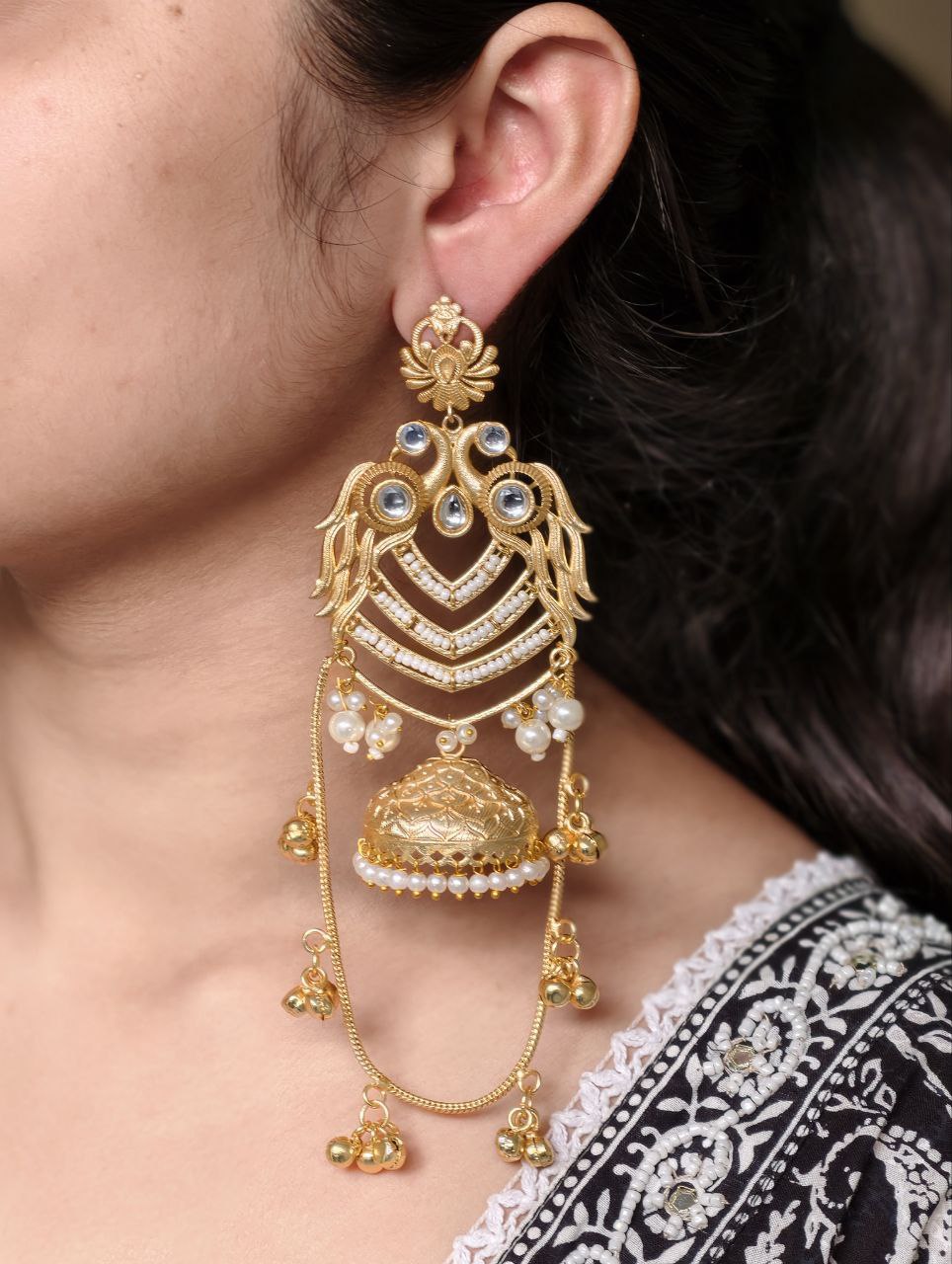 Premium Peacock Design Kashmiri Jhumka Earrings | Gold Plated Traditional Wear Beautiful Dangler Jewelry- Black