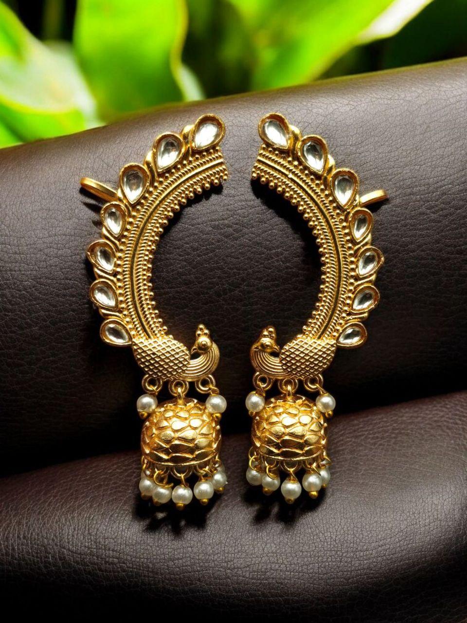 Traditional Gold Plated Beautiful Peacock Jhumki Earcuff | Stone & Pearl Detailing Ethnic Jewelry679