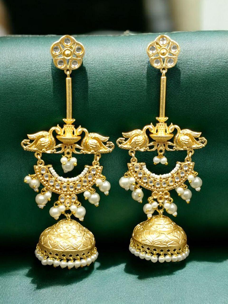 Luxury Kashmiri Jhumka Earrings | Gold Plated Stone & Pearl Work Dangler Traditional Jewelry